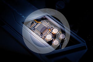 chip circuit board CPU computer server motherboard socket computer components isolated on background close