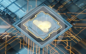 Chip and cloud computing, subject of science and technology, 3d rendering