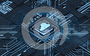 Chip and cloud computing, subject of science and technology, 3d rendering
