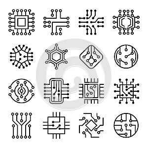 Chip computer. Engineering electronic micro scheme computer system board vector icon set