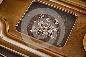 the chip in a computer with many electrical elements, a CPU, a GPU, a microchip in an electronic device