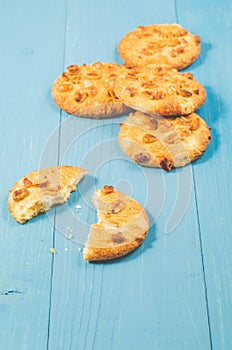chip cookies with nuts on a blue wooden background/ chip cookies with nuts on a blue wooden background, selective focus