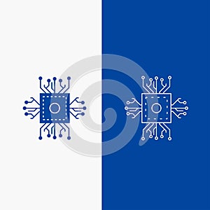 Chip, cpu, microchip, processor, technology Line and Glyph web Button in Blue color Vertical Banner for UI and UX, website or