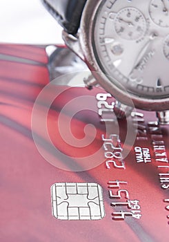 Chip of Credit cards and a watch up close