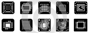 Chip icon. CPU symbol. Set of black and white microchip icons.