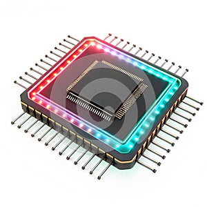 Chip processor with neon light 3D render photo