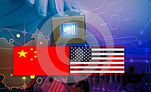 Chip shortage and US-China trade conflict. Global chip shortage crisis and China-United States trade war concept. China flag and