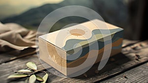 A chipboard box with a label depicting a serene mountain landscape made from treefree sustainable fibers.