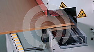 Chipboard sawing on a machine with a circular saw. Observe safety precautions. Shop for the manufacture of furniture. Industrial p