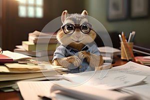 Chipmunk as accountant, workin in office with papers