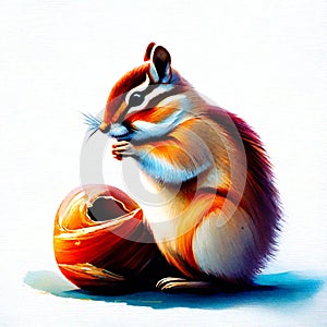 chipmunk eating an acorn on a white background, digital painting generative AI