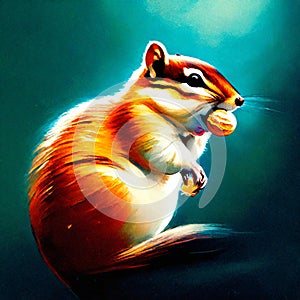 Chipmunk eating a nut on a dark background. Digital painting. Generative AI