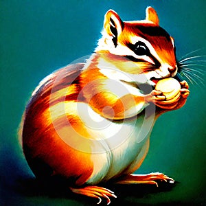 Chipmunk eating a nut in the garden. Digital painting. Generative AI