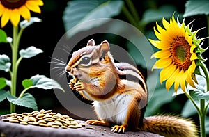 A chipmunk gnaws sunflower seeds against the backdrop of a sunflower.