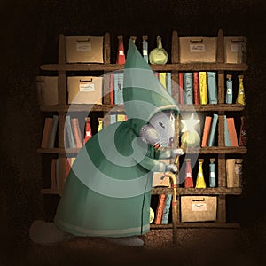 Chipmunk keeper with magic wand in his burrow with books and potions.