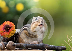 Chipmunk looks up with cheeks filled n an Autumn seasonal scene with room for text above