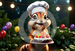 Chipmunk wearing chef hat, holding birthday cake. Generative AI