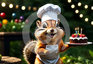 Chipmunk wearing chef hat, holding birthday cake. Generative AI