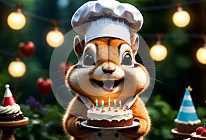 Chipmunk wearing chef hat, holding birthday cake. Generative AI