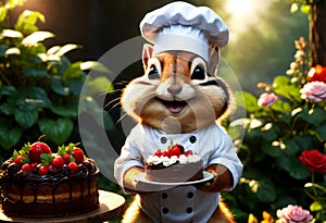 Chipmunk wearing chef hat, holding birthday cake. Generative AI