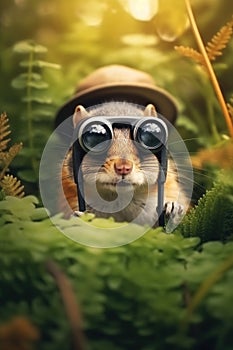 The chipmunk wearing a safari hat and binoculars, peeking out from a dense jungle foliage