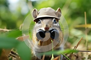 The chipmunk wearing a safari hat and binoculars, peeking out from a dense jungle foliage