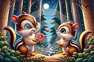 Chipmunks sharing a romantic moment in the forest