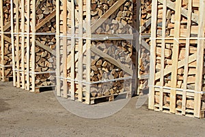 Chipped fire wood in packing on pallets