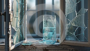 Photorealistic image of a chipped glass by open window photo