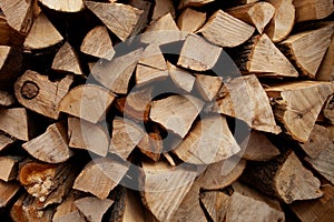 Chipped and stacked firewood for heating