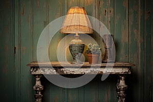 a chippy painted side table with an antique lamp