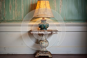 a chippy painted side table with an antique lamp