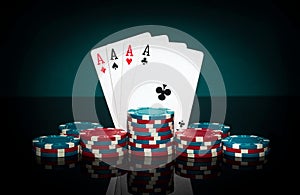 Chips and aces cards. Playing cards in poker with with four of a kind or quads combination. Succeed and win in casino