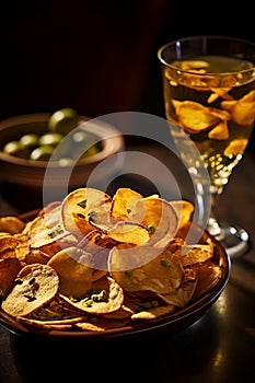 chips with beer on the table. Selective focus.