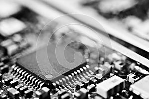 Chips on the board. Close-up. Black-and-white.Technological progress concept