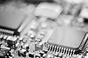 Chips on the board. Close-up. Black-and-white.Technological progress concept
