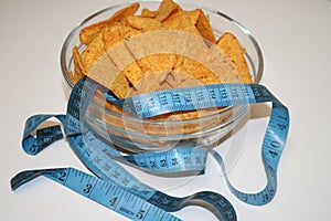 Chips in a bowl and meter as a concept of not eating healthy