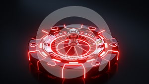 Chips and Casino Roulette Wheel Concept Design. Casino Gambling Roulette With Neon Lights - 3D Illustration photo