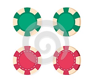 Chips casino vector or poker gambling coins red and green color icon flat cartoon design, bet game money blank empty editable