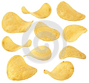 Chips collection. Potato chips in different position and angle isolated on white, with clipping path