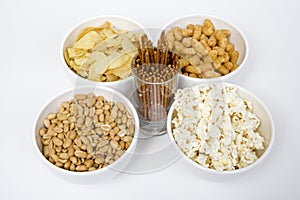 Chips peanuts popcorn salted sticks