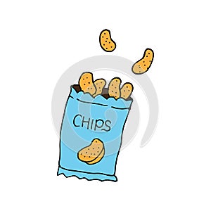 Chips snack on white background. chips in the plastick bag. salty and savory flavor. hand drawn vector. chips icon on white backgr