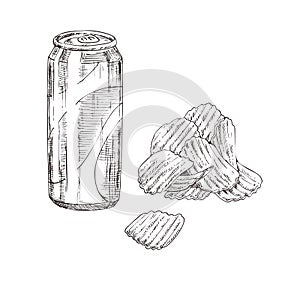 Chips and Soda Monochrome Sketch Style Icon Set photo