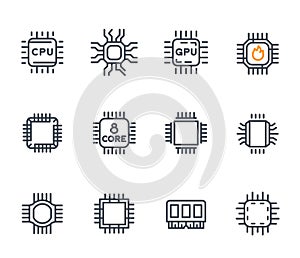 Chipset, cpu icons, microchip, 8 core processor