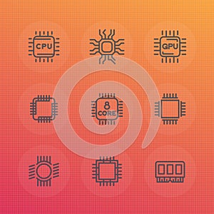 Chipset, cpu line icons set