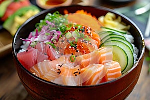 Chirashi Bowl: A colorful bowl of vinegared rice topped with a variety of sashimi, vegetables, and garnishes.