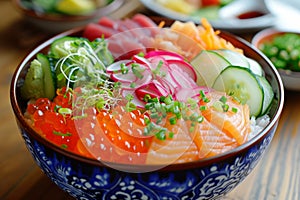 Chirashi Bowl: A colorful bowl of vinegared rice topped with a variety of sashimi, vegetables, and garnishes.