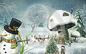 The Chiristmas Card, Mushrom Snow House , Moonlight, Snowmaan and Christmas Tree in Snow. Merry Christmas, Winter Fanrasy photo