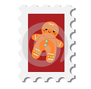 Chiristmas postal stamp with gingerbread man. New year postage symbol. Vector icon