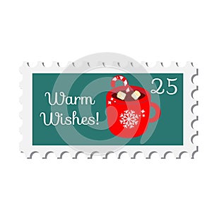 Chiristmas postal stamp with hot cocoa mug. New year postage symbol. Vector icon